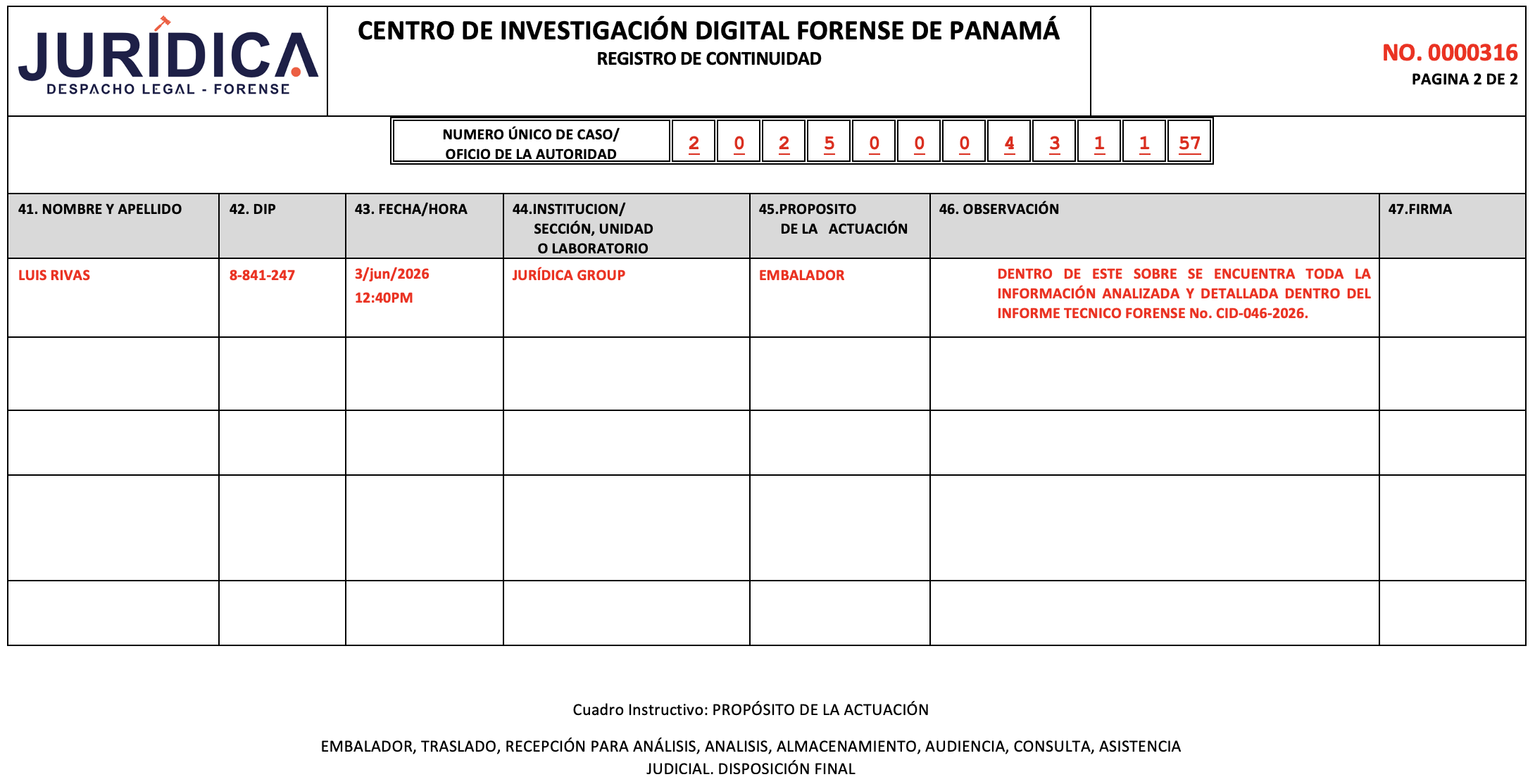 Registro de continuidad de cadena de custodia